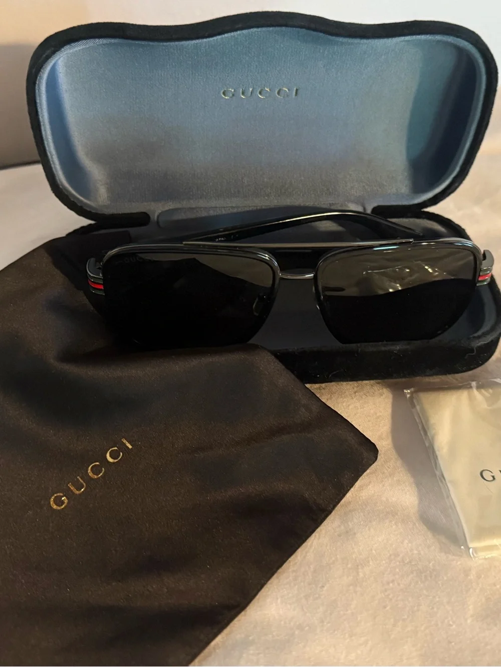 Gucci Men’s Black Rectangular Sunglasses with Signature Web Accent